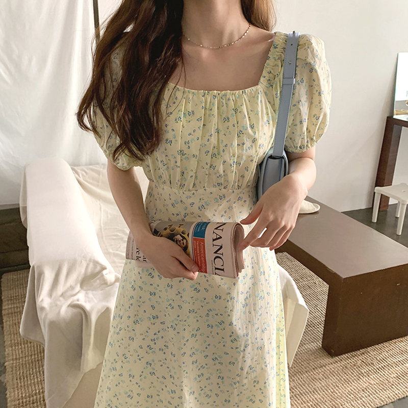 South Korea chic gentle style, bone feeling, waist closing and thin dress, women's summer new French Floral Dress