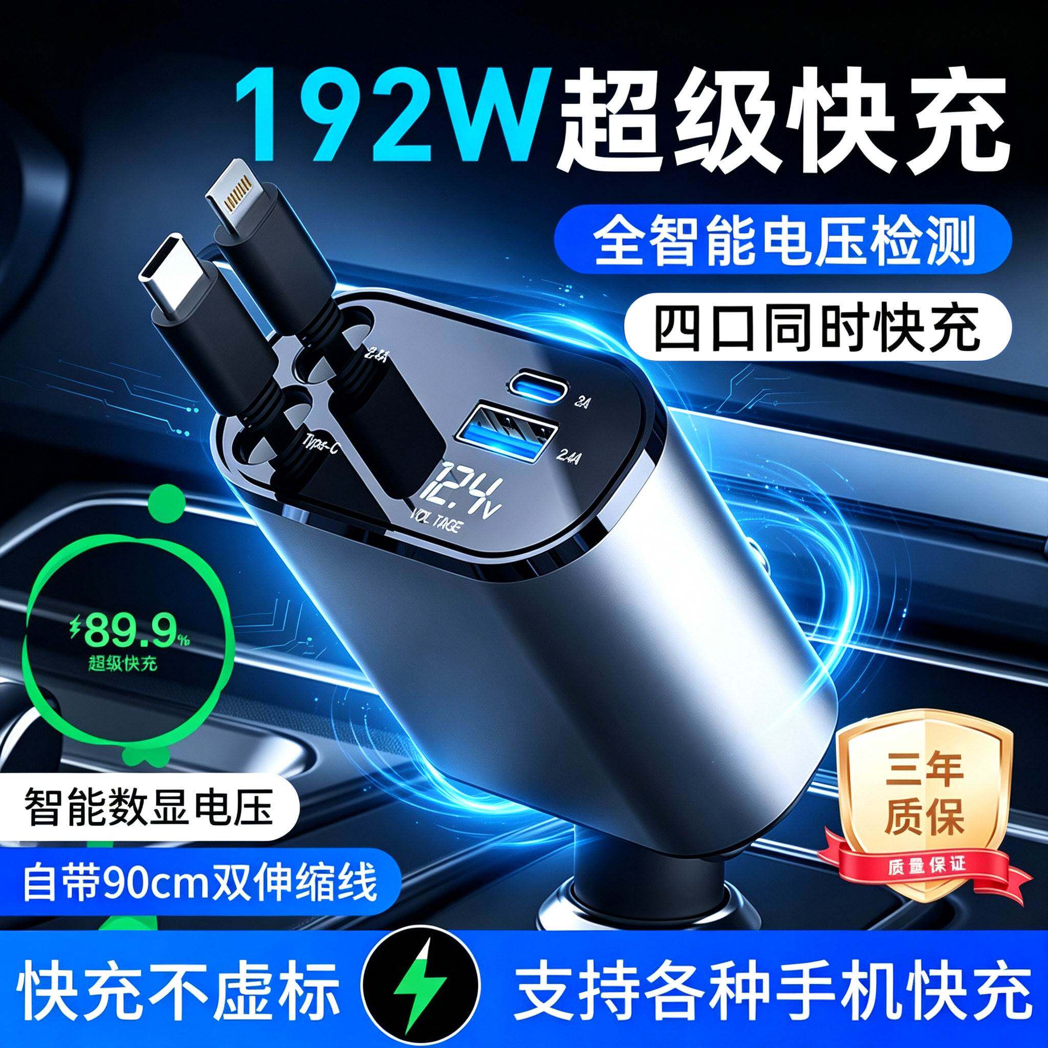 车载充电器2026新款一拖二192W120W超级快充小米手机点烟转换插头