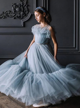 女童公主裙长裙礼服蓝色中大童连衣裙轻奢钢琴演出服主持人生日宴