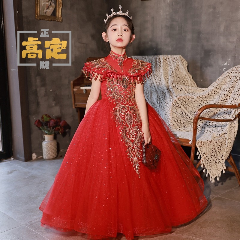 女童连衣裙旗袍中国风礼服高端红