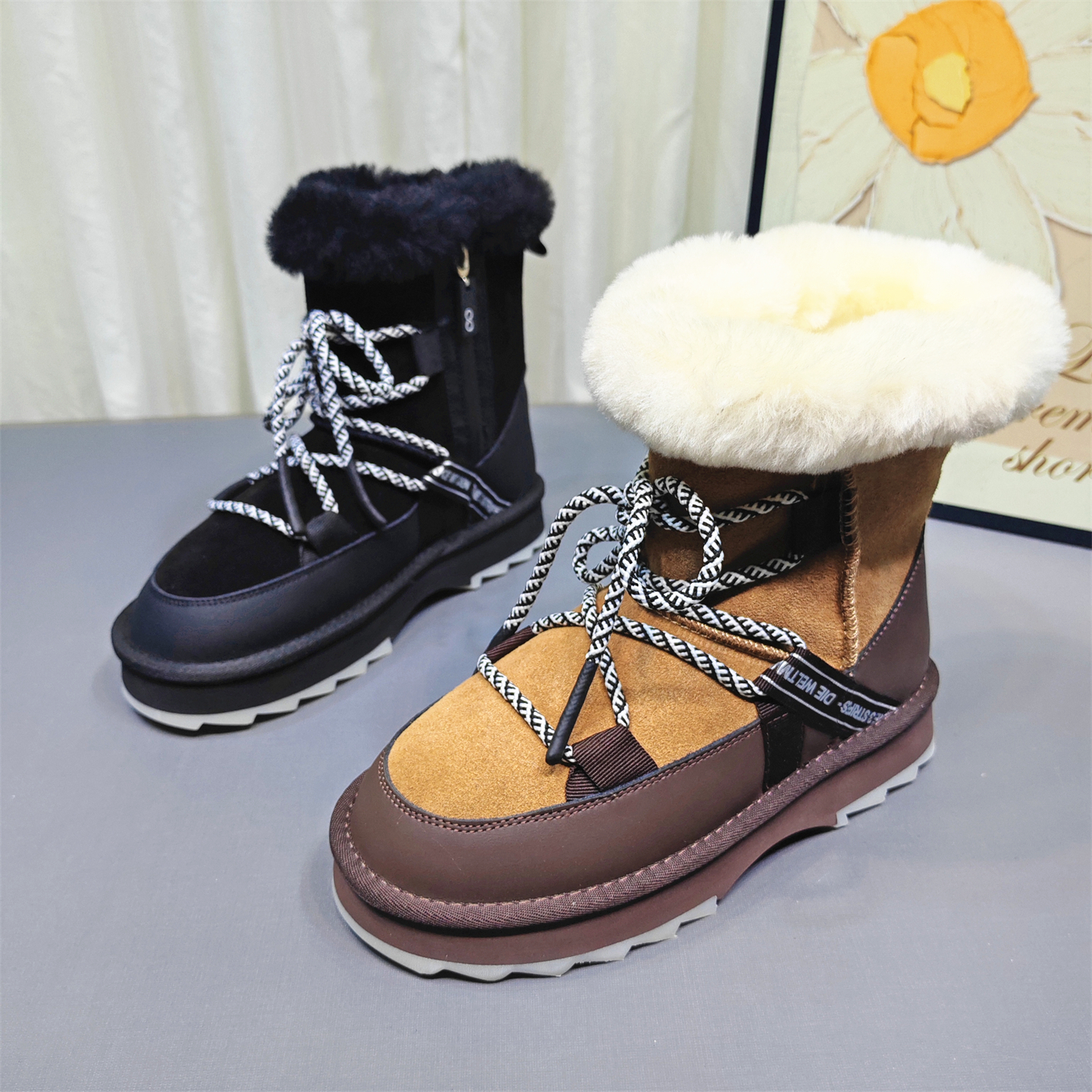 真皮保暖加绒雪地靴女款圆头系带
