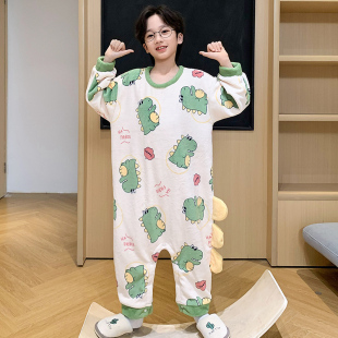 恐龙男童连体睡衣秋冬法兰绒保暖男孩宝宝儿童长袖防踢家居服睡袋
