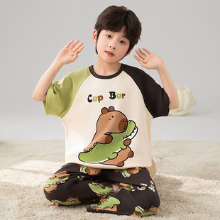 卡通青少年睡衣夏季纯棉短袖长裤中大男童男孩学生新款空调家居服