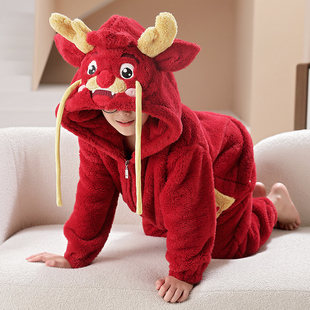 龙年红色儿童连体睡衣秋冬法兰绒男童女孩宝宝睡袋珊瑚绒家居服萌