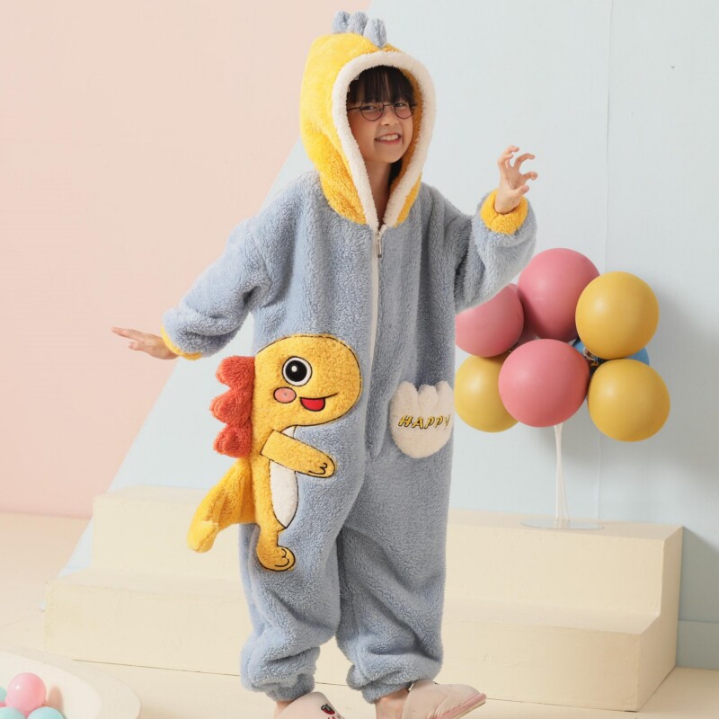恐龙儿童连体睡衣珊瑚绒女童宝宝冬季加绒加厚法兰绒爬服女孩睡袋