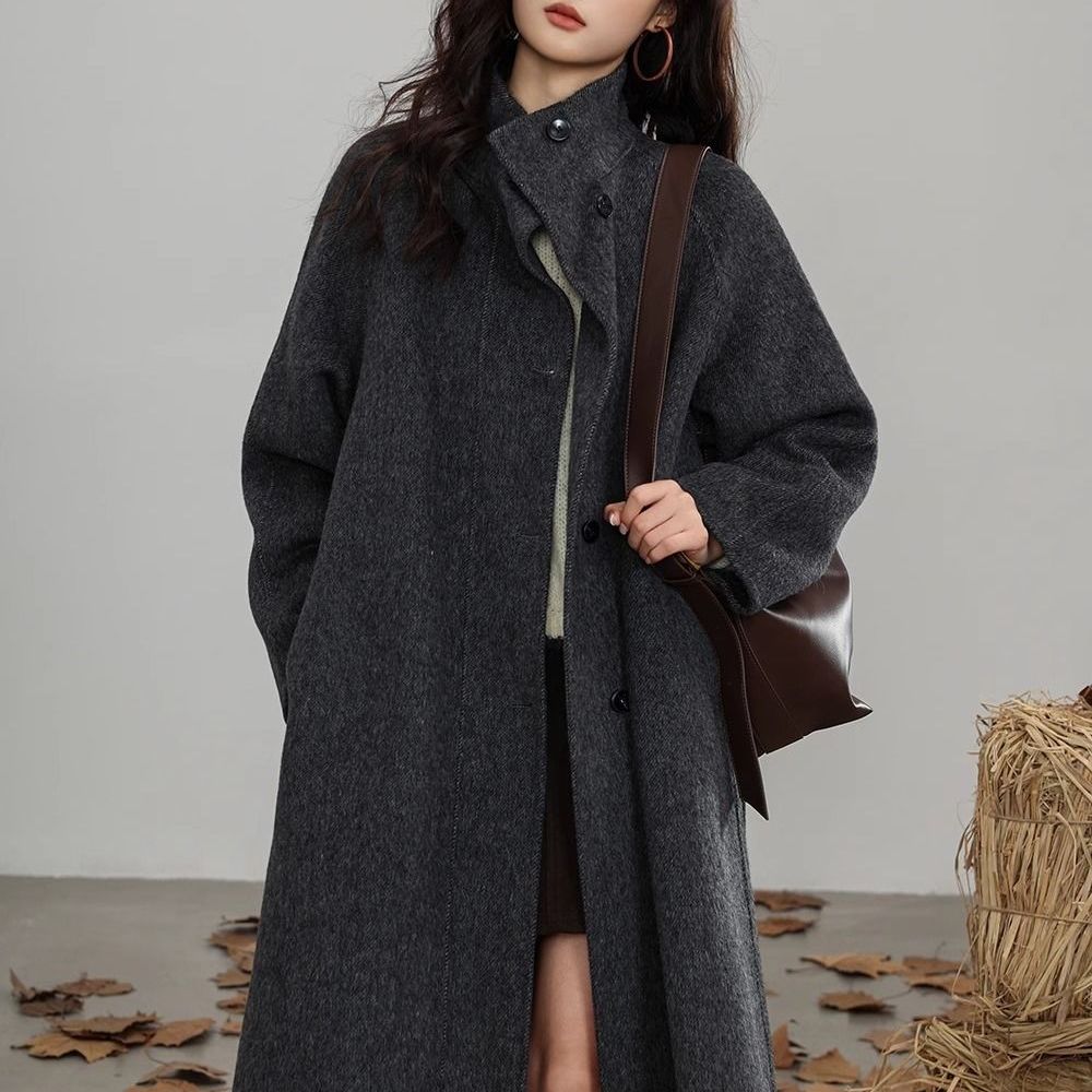 长款大衣2025秋冬冬季新款气质毛呢韩版立领双面羊毛系带外套加厚