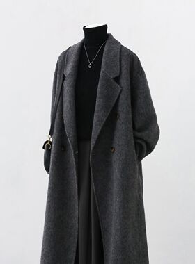 灰色双面羊毛大衣女2025秋冬新款中长款高级宽松立领加厚毛呢外套