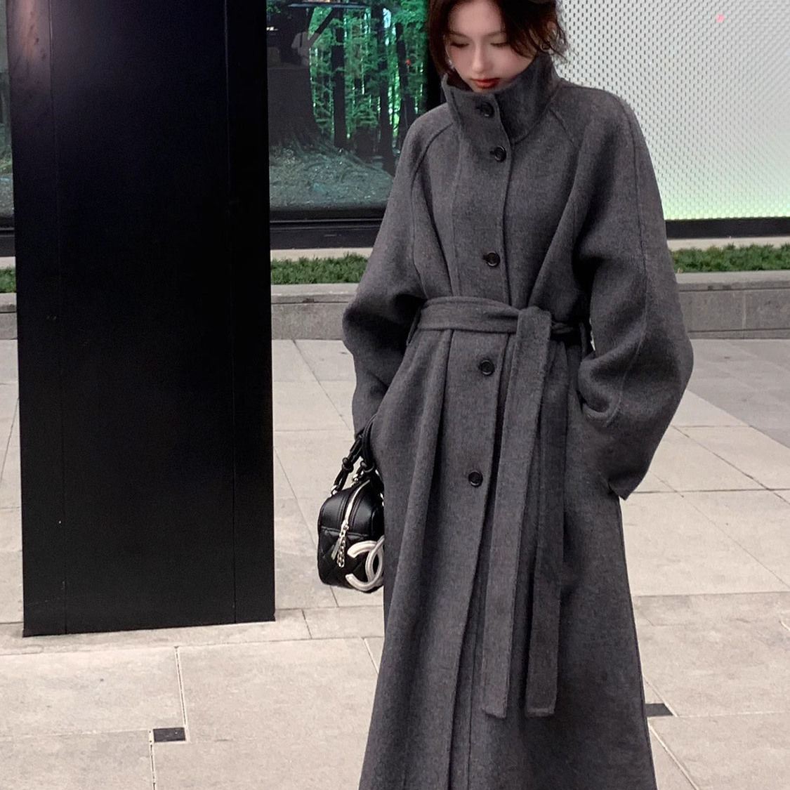 灰色双面羊毛立领毛呢大衣