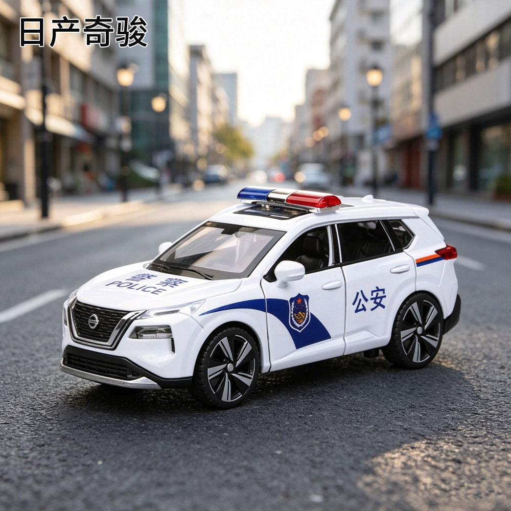 1/32日产奇骏警车模型合金仿真越野车回力声光开门男孩玩具车摆件