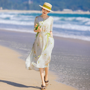 高支纯苎麻连衣裙女夏2025新款轻奢复古国风棉麻印花收腰大摆长裙