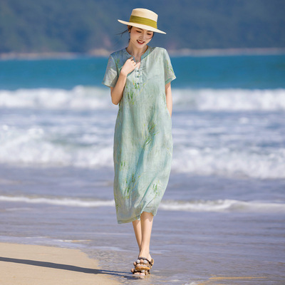 高端苎麻印花改良旗袍裙