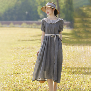 2026夏季新款高端苎麻娃娃领连衣裙小个子文艺修身双层棉麻大摆裙