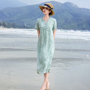 高端国风纯苎麻刺绣连衣裙女2026夏新款复古盘扣中式改良旗袍茶服