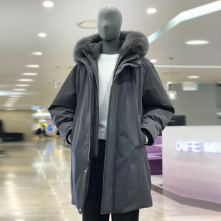 0120冬款liberclassy炭灰色连帽保暖狐狸毛领中长款羽绒服Q