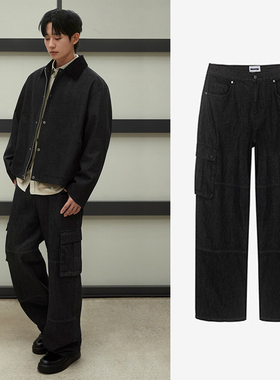 丁海寅明星同款0120秋Mind Bridge心桥黑色工装宽松牛仔裤长裤