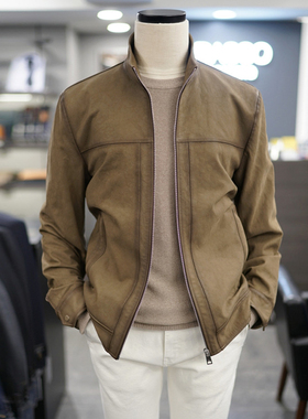 0130春BASSO意大利进口深米色纯色天然小羊皮短款立领真皮夹克男Q