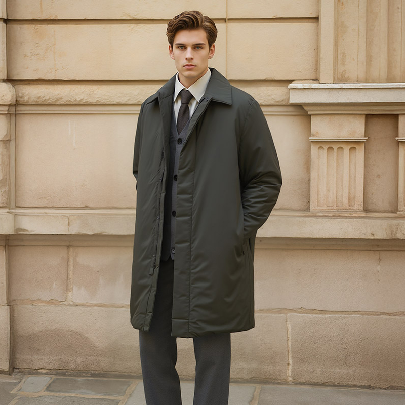 ZIOZIA黑色纯色翻领中长款羽绒服