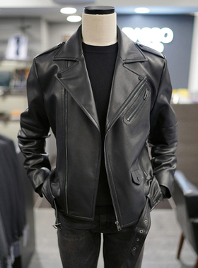 0130秋款BASSO黑色无弹力男士时尚仿皮拉链机车皮衣夹克