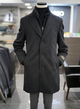 0101冬BASSO黑色格纹羊绒可拆卸水貂毛领假两件切斯特毛呢大衣