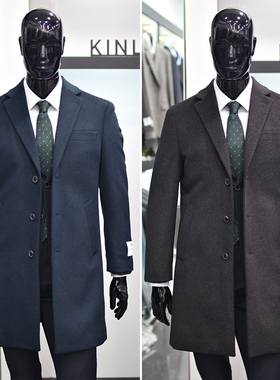 0301秋季新款KINLOCH深蓝色棕色羊毛混纺商务中长款毛呢大衣