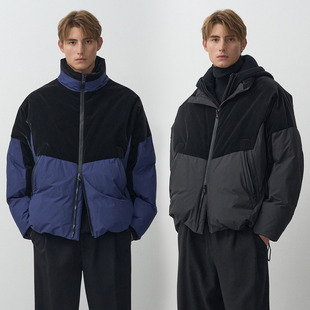 立领蓝色拼接色短款 2024冬装 韩版 HOMME代购 鹅绒羽绒服男Q SYSTEM