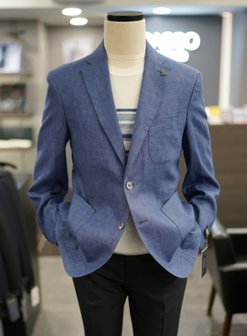 2026年夏季新款BASSO韩版男青年蓝色纯亚麻薄款商务休闲西服上衣