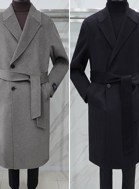 0120冬liberclassy深藏青色翻领腰带中长款手工羊毛混纺毛呢大衣Q