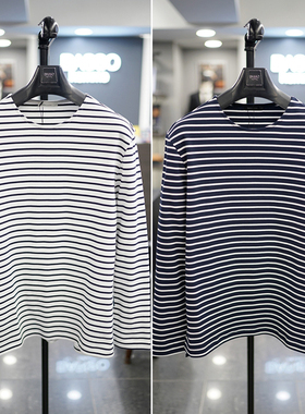 0325春装BASSO深蓝色横条纹圆领纯棉侧开叉长袖T恤打底衫男生2色