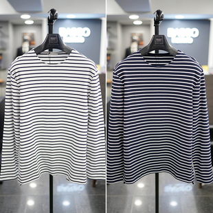 男生2色 T恤打底衫 0325春装 BASSO深蓝色横条纹圆领纯棉侧开叉长袖