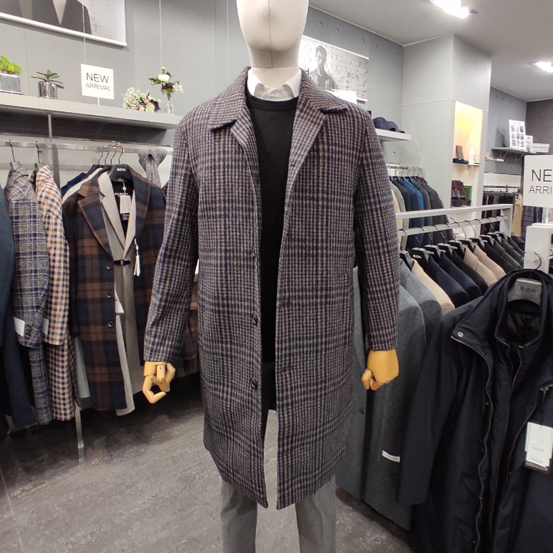 棕色蓝色格子格纹羊毛毛呢大衣