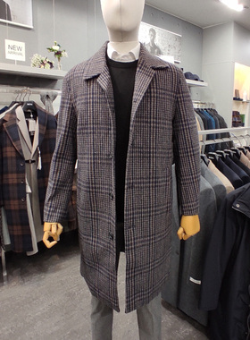 #国内现货175码24折PROJC棕色蓝色格子格纹三粒扣羊毛毛呢大衣男