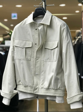 0321春款Liberclassy韩版乳白色条纹棉质口袋拉链休闲夹克外套