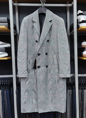 %国内现货韩国清仓特价SIEG FAHRENHEIT格纹双排扣西装领风衣男士