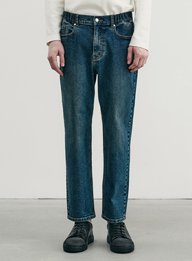 0101秋款Mind Bridge心桥深靛蓝色棉混纺松紧腰牛仔裤休闲九分裤