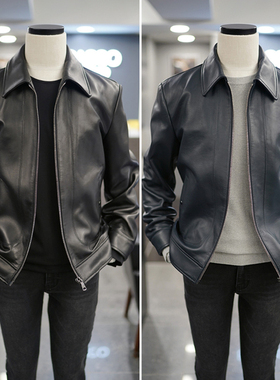 0130春BASSO黑色纯色商务休闲上班职业短款翻领天然羊皮真皮夹克