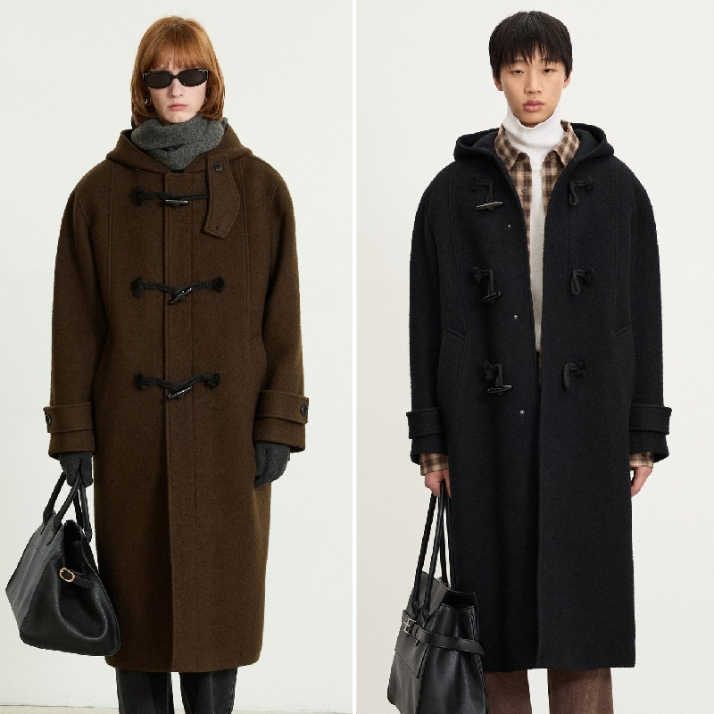 羊角扣羊毛混纺连帽长款毛呢大衣