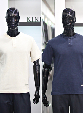 0403夏款KINLOCH乳白色亨利领男士棉混纺华夫格纹休闲短袖T恤2色