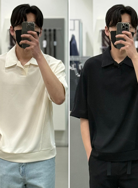 0321夏款Liberclassy黑色奶油色V型开口翻领弹力短袖T恤2色