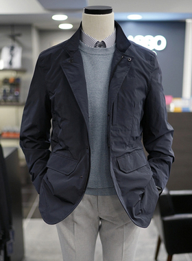 Z早春BASSO藏青色纯色立领后中开衩夹棉夹克外套假两件男士