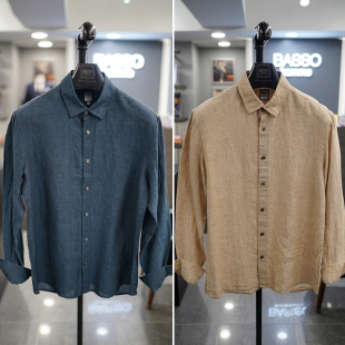 男士 衬衫 BASSO米色蓝绿色纯色尖领纯亚麻休闲长袖 0325春款