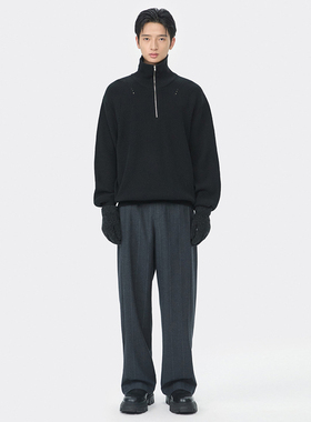 2025年秋冬新款CUSTOMELLOW黑色男士羊毛混纺高领半拉链针织衫