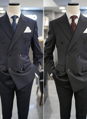 特价49折0301秋款BASSO黑色羊毛混纺弹力双排扣商务上班西服套装