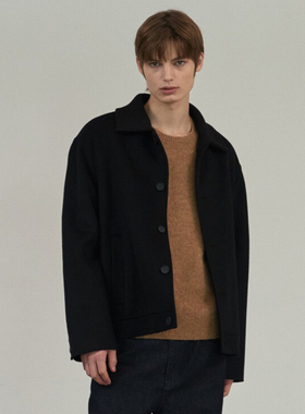 0101冬季Mind Bridge心桥黑色针织领手工羊绒混纺短款毛呢大衣