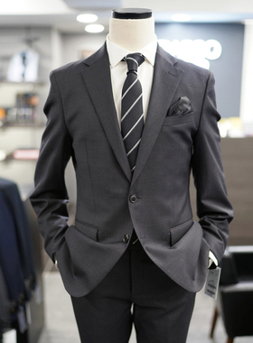 0130秋款BASSO炭灰色羊毛混纺平驳领单排扣商务宴会弹力西服套装