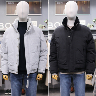 0101冬款BON韩版男士浅灰色黑色毛领收口袖加厚保暖短款羽绒服2色