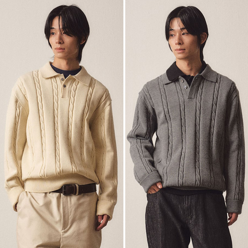 0301秋冬款EZIO炭灰色翻领莫代尔麻花编织长袖针织POLO衫2色
