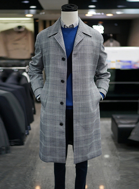 #国内现货175码特价秋装SONGZIO灰色格纹腰带上班中长款风衣男SE