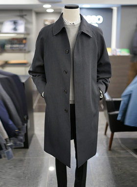 0130春BASSO炭灰色纯色插肩袖单排扣隐藏扣弹力宽松中长款风衣男