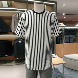 #国内现货180码夏ZIOZIA韩版黑白竖条纹休闲短袖T恤男士圆领上衣