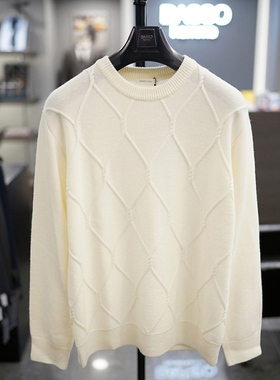 2025年秋季新款BASSO乳白色圆领套头羊毛混纺绞花休闲打底针织衫